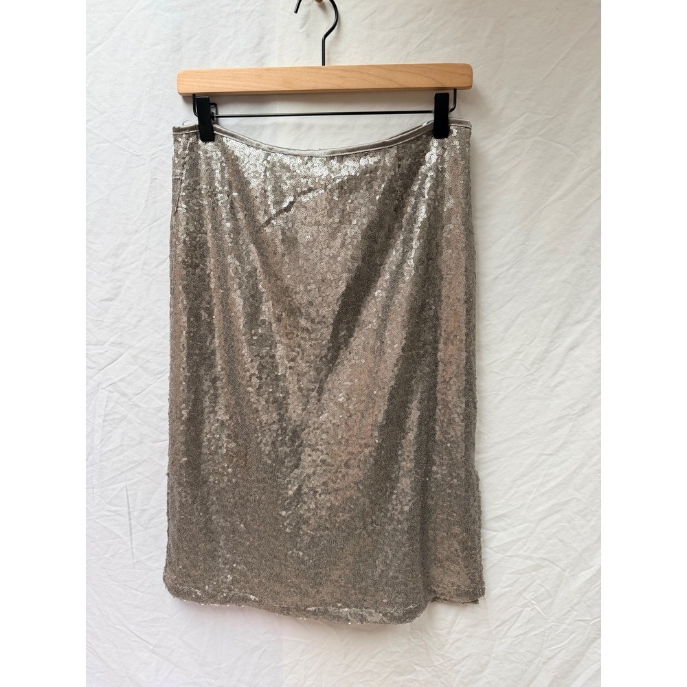 Press Silver Sequin Pencil Skirt Champagne Metallic Midi Holiday Party Size M